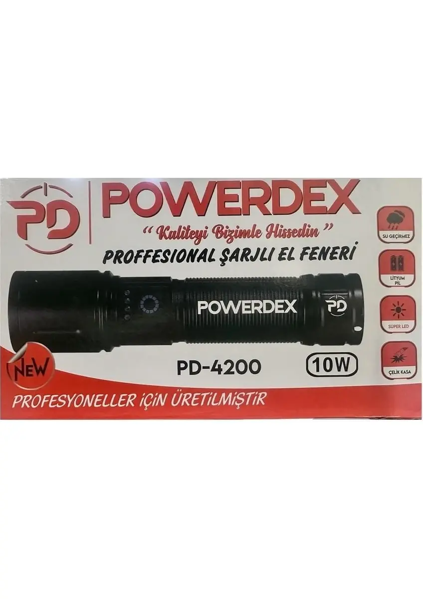 Powerdex PD-4200 Yağmur Suyu Geçirmez 10WATT Süper LED Profesyonel Şarjlı El Feneri